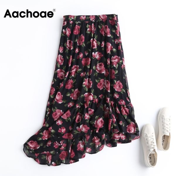 

floral print boho summer spring asymmetrical beach midi skirts elegant black color ruffles skirt bottoms faldas 210413