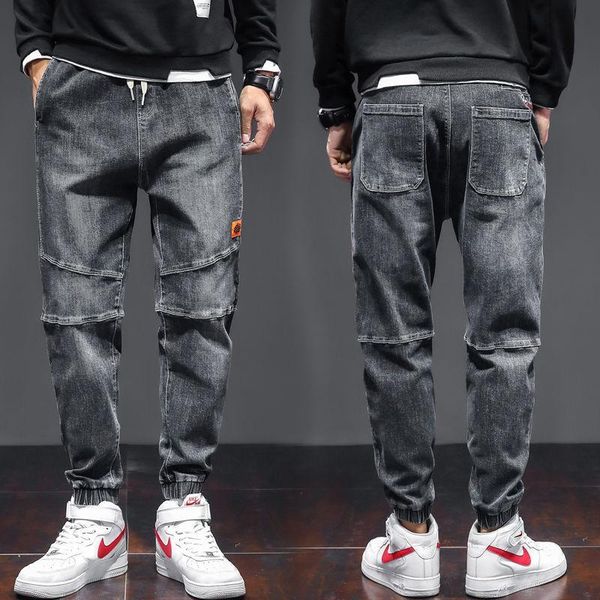 

men's pants fall and winter strapped jeans loose large size casual slim stitching japanese trendy brand trousers overalls, Black