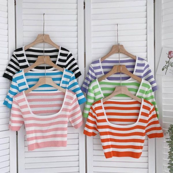 

women's blouses & shirts singreiny women retro stripe knitted blouse square collar short sleeve elastic slim summer korean streetwear, White