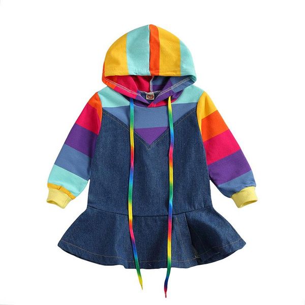 

girl's dresses spring autumn kids girl denim dress rainbow striped long sleeve fall casual drawstring hooded for children 1-6t 2021, Red;yellow