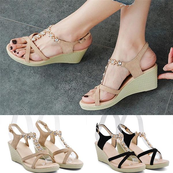 

woman shoes wedges fashion womens open toe breathable thick bottom buckle strap elegant retro roman sandals comfy, Black