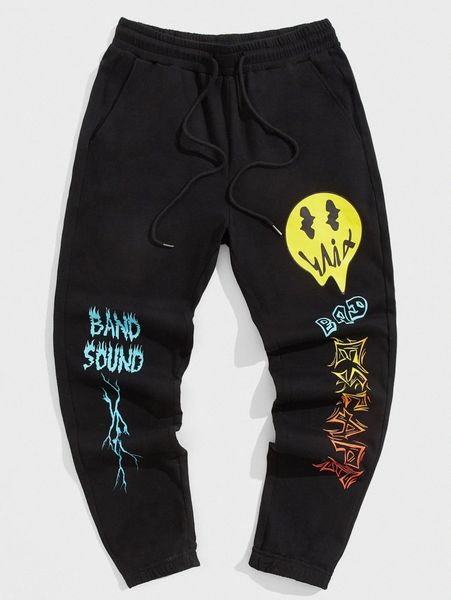

men cartoon and letter graphic drawstring waist sweatpants 97ub#, Black