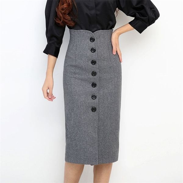 

high waist bag hip skirt woolen autumn and winter breasted casual knee-length polyester solid 210603, Black