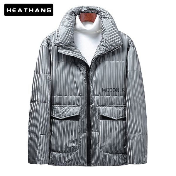 

white duck feather men's et, stripe printed casual coat, thick and warm, high collar, fashion, novelty, winter, Black