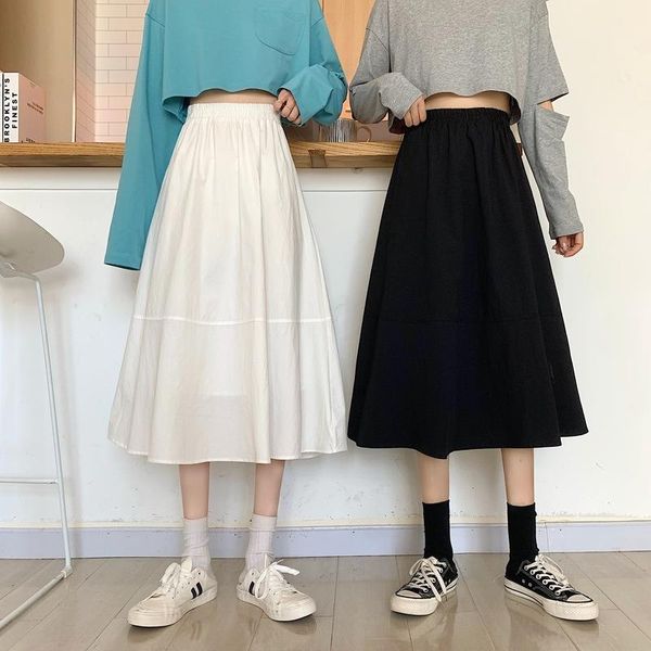 

skirts white mid-length skirt spring and autumn style 2021 all-match with lining female high-waisted thin a-line, Black