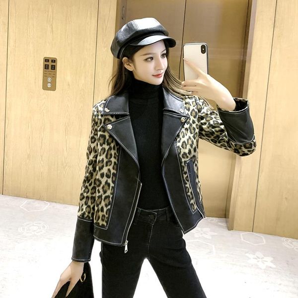 

women's jackets autumn women fashion houndstooth pu leather jacket short coat pocket zipper loose faux motorcycle female, Black;brown