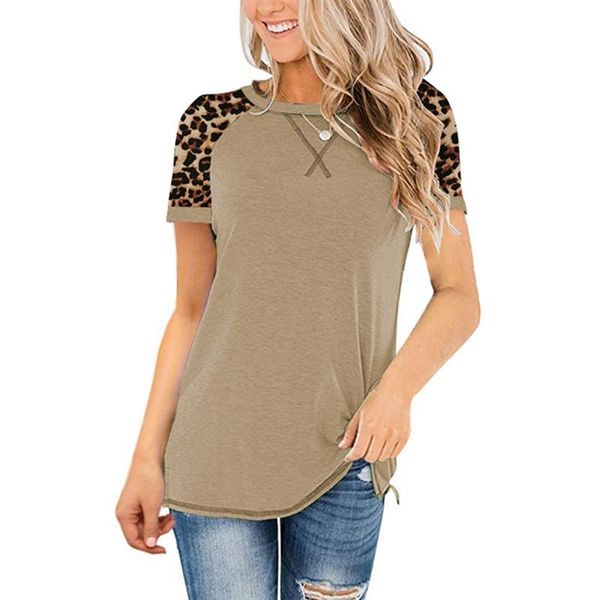 

women's t-shirt fashion casual leopard print stitching round neck short sleeve, White