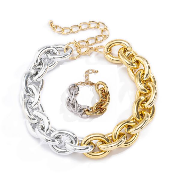 

male and female cuban gold chains necklaces bracelet sets hip-hop style short fat large clavicle thick chain fashion metal texture ccb retro, Silver