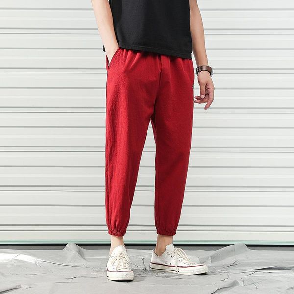 

#0674 summer vintage cotton linen pants men thin elastic waist fashion mens joggers embroidery streetwear trousers plus size men's, Black