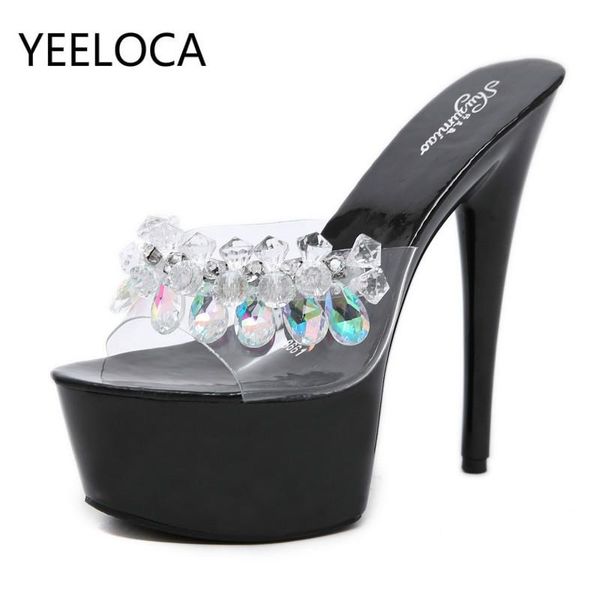 

dress shoes crystal night club pumps women's waterproof platform roman fishmouth lady 15cm super high-heeled slippers, Black