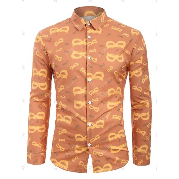 

halloween men's eye mask print long-sleeved button-down shirt, White;black