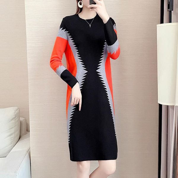 

plus size knee-length knitted sweater dress women fall winter fashion o-neck jacquard fat mm dresses vestidos xc0022 casual, Black;gray