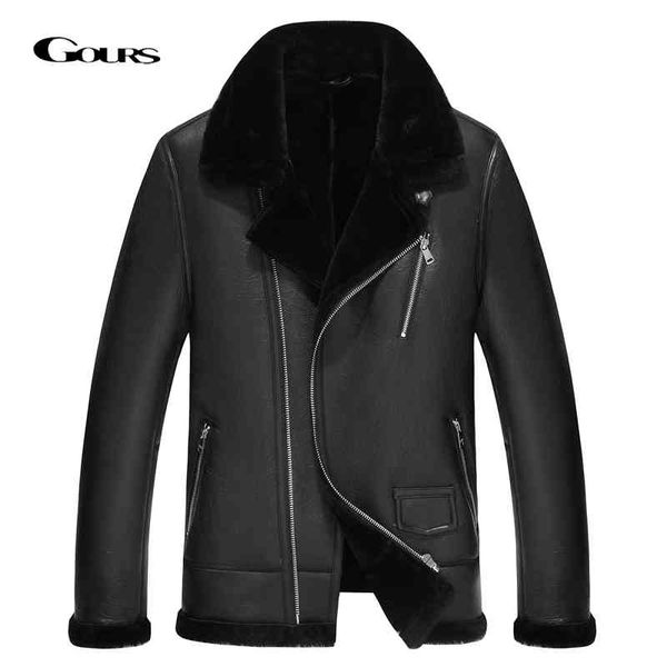 

gours - men's leather et, black sheep coat, fashion, natural wool lining, warm, suitable for gsjf2061 motorcycle