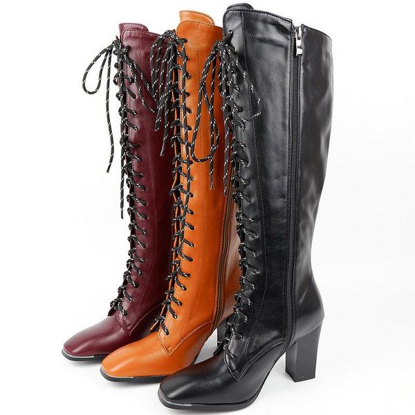

boots black lace up knee high autumn women pu leather square toe heel long zipper winter shoes big size 42 43