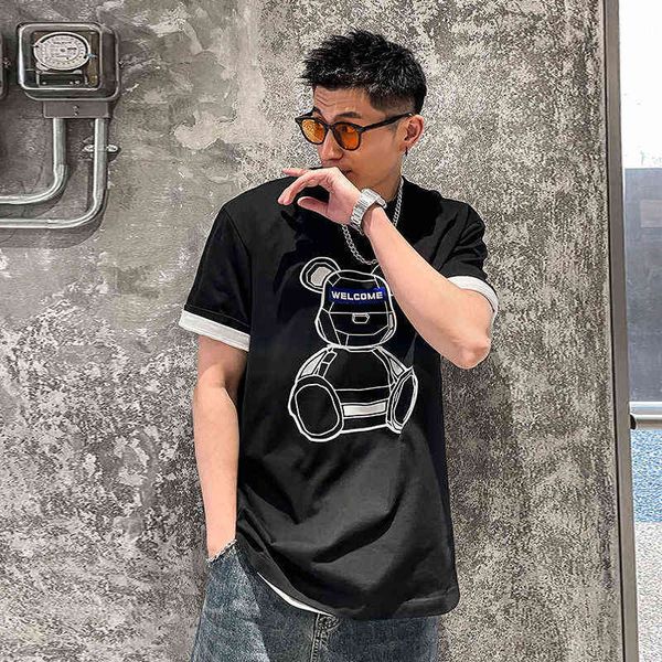 

2022 summer loose short sleeve t-shirt bear print crew neck top, White;black