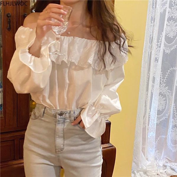 

women's blouses & shirts off shoulder autumn design cute sweet girls solid white womens ruffled hollow out lace blusas