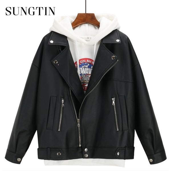 Sungtin Solte Solto Faux Casaco De Couro Mulheres Preto Motociclista Motocicleta Casaco Outono Inverno PU Curta Streetwear Punk Boyfriend Estilo 210916