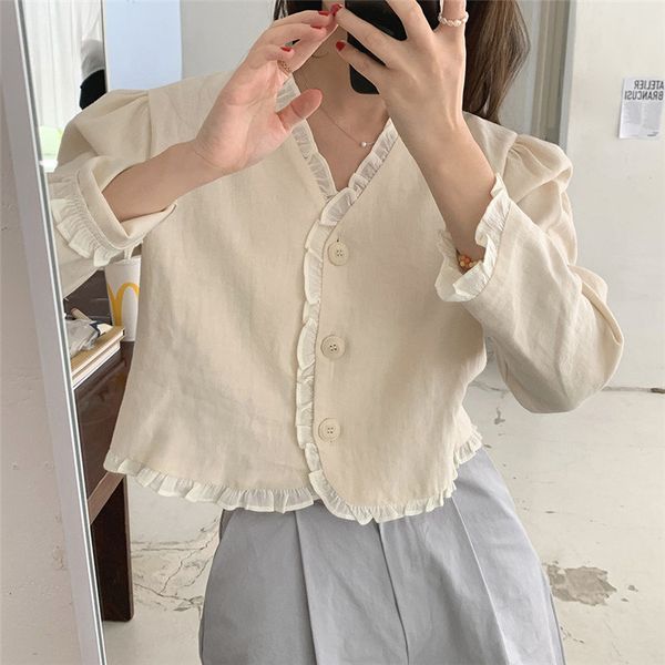 

jackets ruffles gentle lady sweet slim elegance v-neck women cotton linen chic high waist coats, Black;brown
