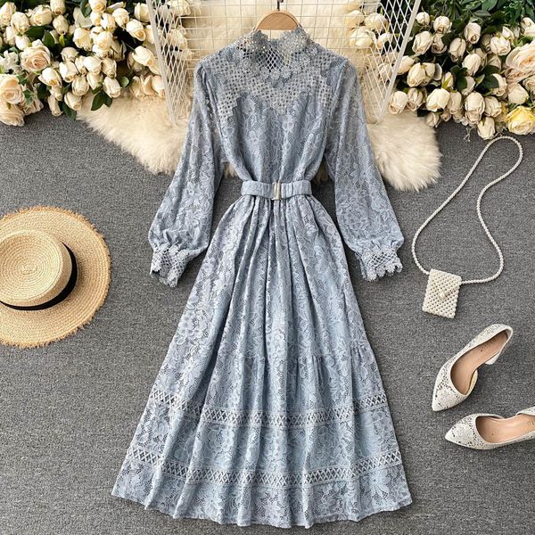 

vintage lace hollow out women's dress autumn stand collar long sleeve high waist sweet black/pink/beige robe fashion 210426, Black;gray