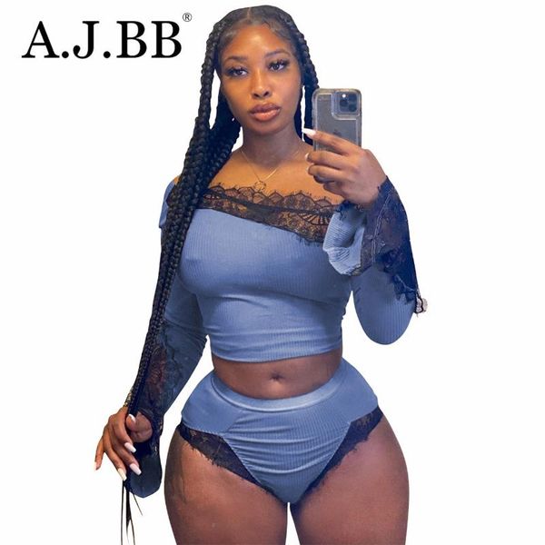 

women's tracksuits 2021 summer solid color lace two-piece fashion slim off-shoulder long-sleeved shirt and shorts ladies suit, Gray