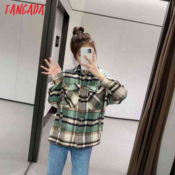 

tangada women green plaid pattern thick coats jacket loose long sleeves pocket ladies elegant autumn winter coat 3h107 201224, Black