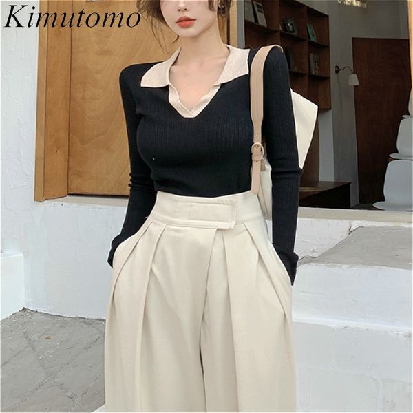 

kimutomo knitted sweaters women autumn winter female turn-down collar black patchwork all-match pullovers fashion 210521, White;black