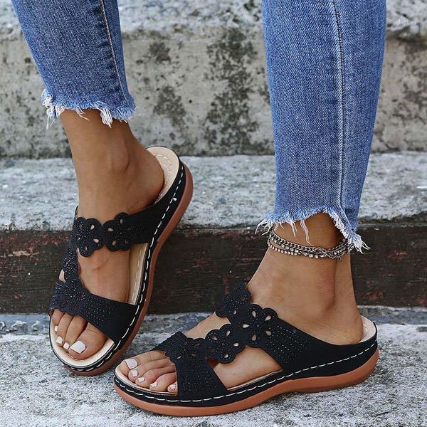 

summer women slippers rome retro casual shoes thick bottom wedge open toe sandals beach slip on slides female1, Black