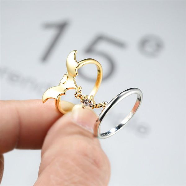 

cluster rings vintage fashion yellow gold bat for women two tone jewelry white zircon link chain silver color ring halloween party gifts, Golden;silver