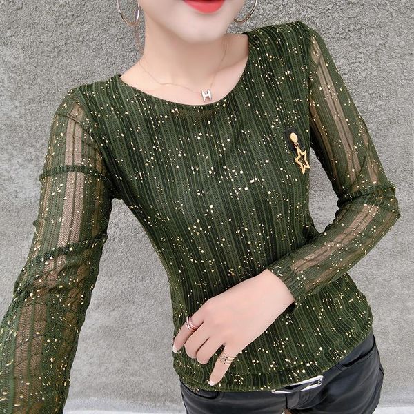 

women's blouses & shirts fashion plus size women shirt long sleeve hollow striped sequins skinny lace 95f, White