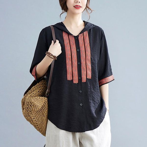 

women's blouses & shirts women summer cotton linen casual hooded arrival 2021 vintage style loose comfortable female half sleeve s4032, White