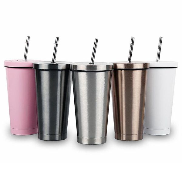 

mugs 500ml stainless steel insulated mug with lid and straw coffee drink travel cup vacuum flask metal tumbler beer tea