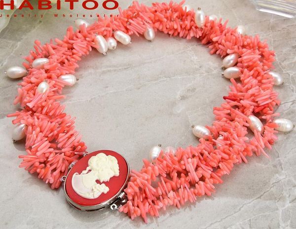 

chokers design 18inch 10-11mm natural white freshwater pearl pink coral choker necklace human head statue clasp for women jewelry, Golden;silver