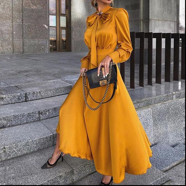 

elegant classy outfits fashion women dress autumn long sleeve satin yellow chic maxi good quality, Black;gray