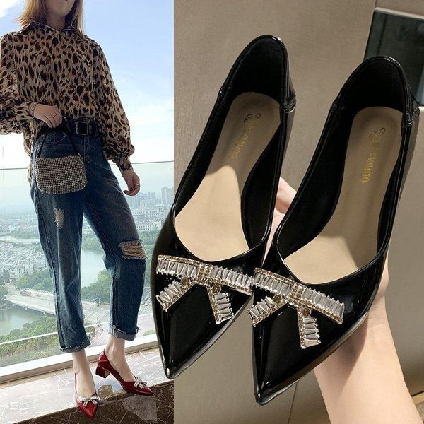 

dress shoes plus size 34-43 ol office lady crystal pumps medium heels women patent leather boat zapatos mujer 8296l, Black