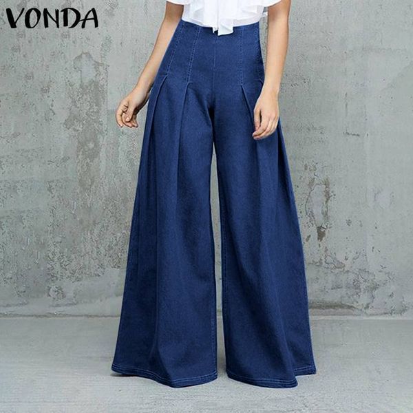 

women's pants & capris casual solid high waist pantalones fashion wide leg long demin trouser 2021 vonda spring plus size qxdj, Black;white