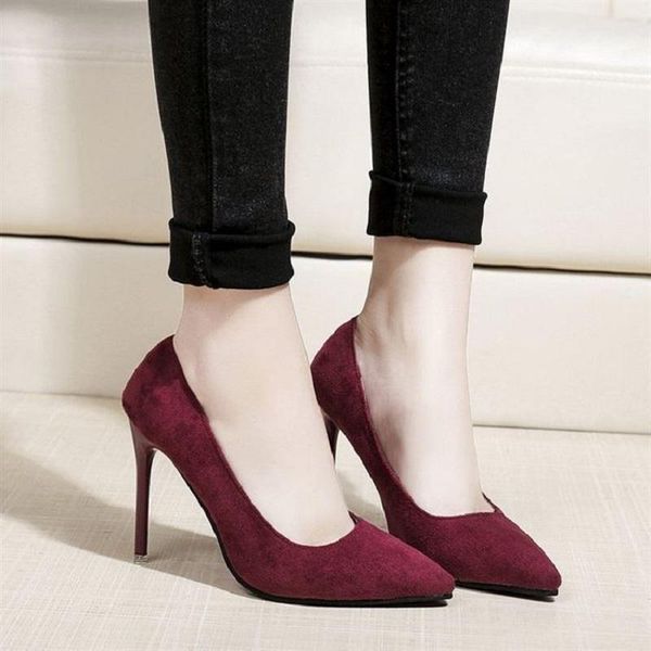 

red suede shallow mouth wedding party pointed professional heels for women to wear dress shoes, Black