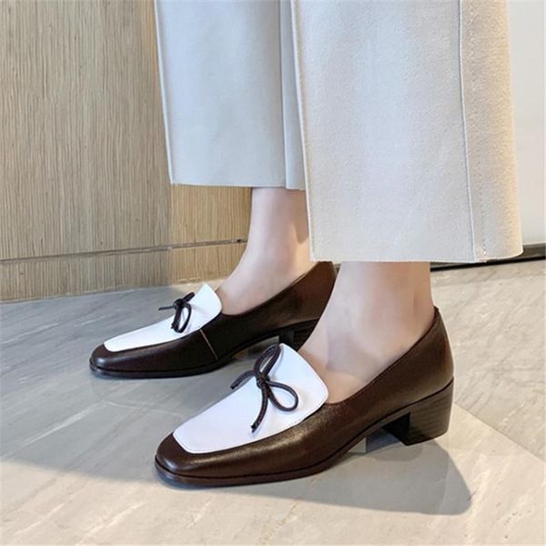 

dress shoes pxelena mature 2021 spring autumn contrast color women pumps block med heels natural genuine leather office lady knot, Black