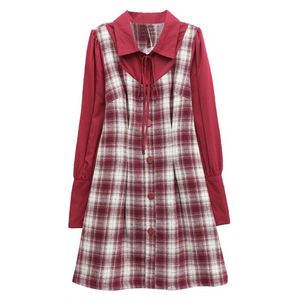 Frauen Französisch Retro Rotes Kleid Plaid Patchwork Einreiher Umlegekragen Bogen Langarm Mini Frühling D2417 210514