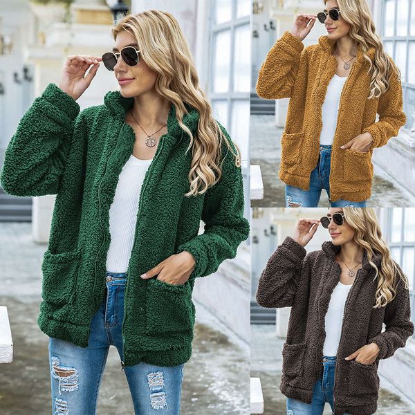

autumn winter hooded plush color sweater coat, Black;brown