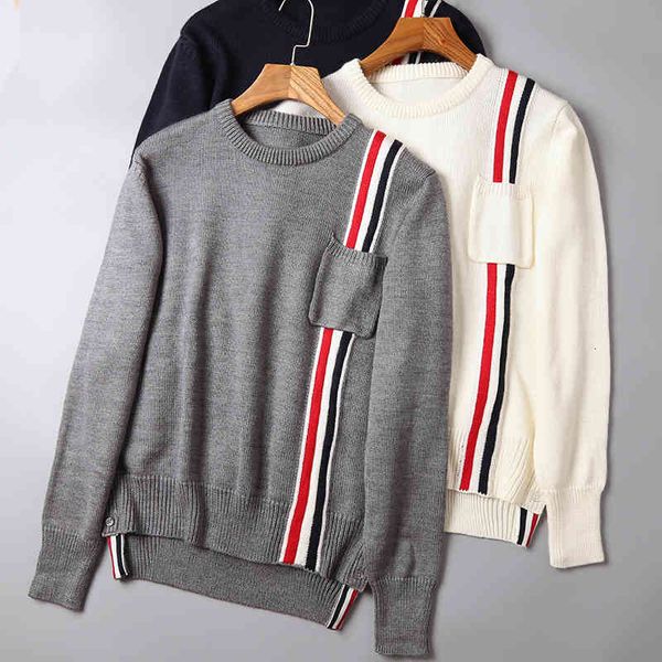 

tees fashion tb thom brand sweaters men loose o-neck pullovers clothing striped spliced wool thick autumn winter casual coat, White