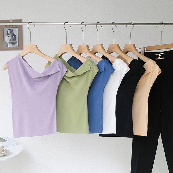 

women's t-shirt vintage irregular design kintting t shirt women chic korean style sleeveless streetwear solid female tee kintted, White