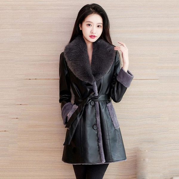 

women's leather & faux 2021 fashion jacket pu autumn winter coat big fur collar belt casual lady outerwear, Black