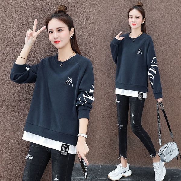 

cotton fake two-piece hoodless sweater women's spring and autumn thin 2021 new loose split middle long top, Black