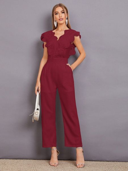 

contrast lace scallop trim jumpsuit k1pj#, White