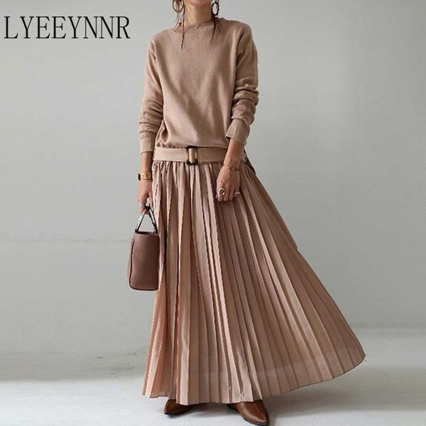 

casual dresses lyeeynnr women 2021 arrival patchwork o neck long sleeve pleated dress slim waist japan style suitable robe femme, Black;gray
