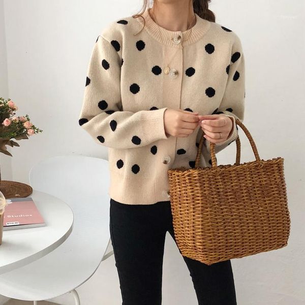 

women's knits & tees qooth 2 colors cardigans 2021 spring and autumn korean style polka dot knittd womens sweaters coat qh23011, White
