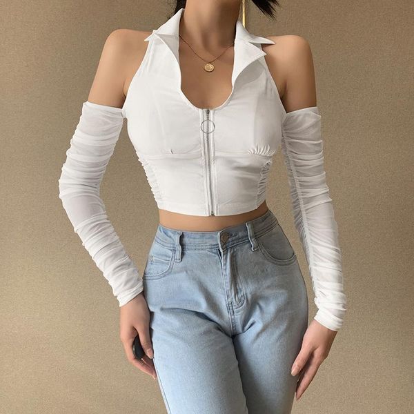 

women's t-shirt solid mesh woven zipper crop long sleeve patchwork woman 2021 spring casual streetwear cold shoulder punk, White