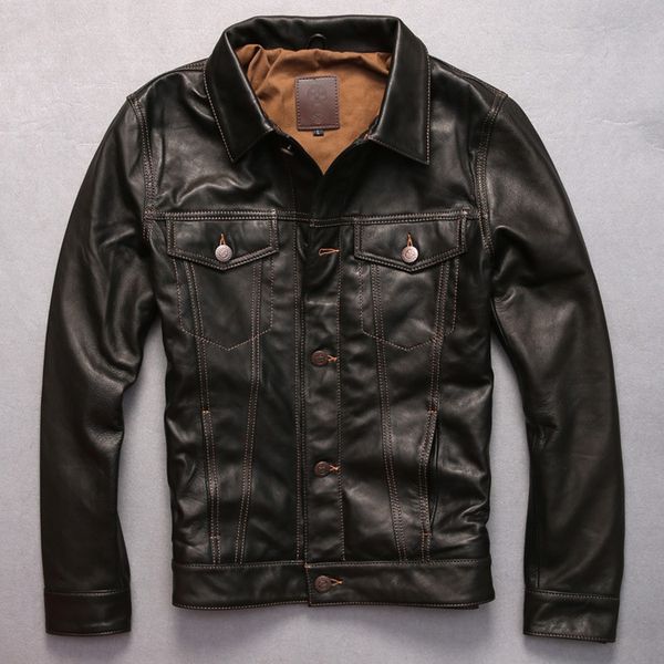 

men's leather & faux arrives genuine jacket dark brown goatskin coat single breasted shirt men open wire quilting 9d20, Black