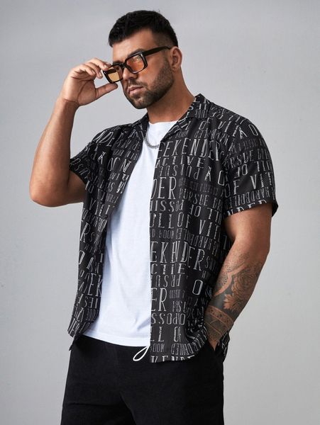 

extended sizes men letter graphic collared shirt b4z9#, White;black