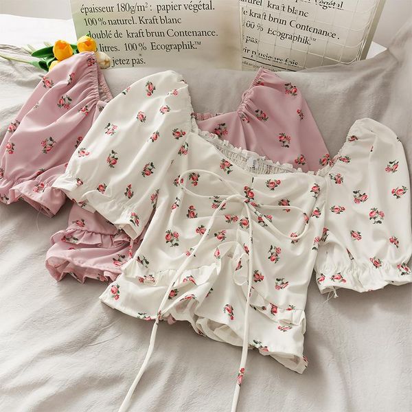 

women's blouses & shirts abrini off-shoulder floral blouse short sleeve chiffon fashion pleated drawstring slim elastic crop 2021summer, White